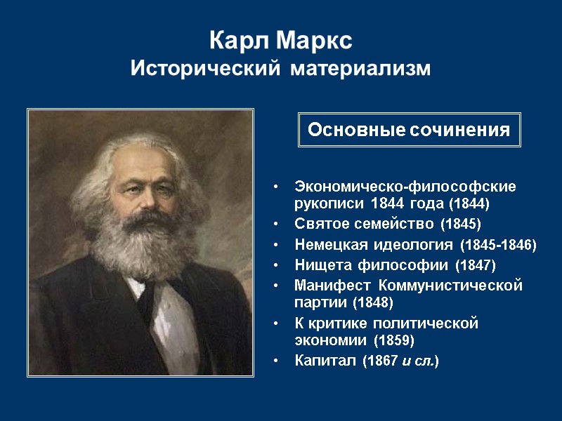 Карл Маркс Исторический материализм Экономическо-философские рукописи 1844 года (1844) Святое семейство (1845) Немецкая идеология